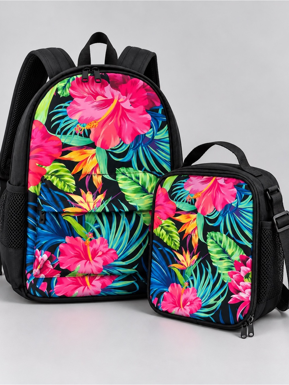 Tropical Floral Women’s Backpack and Lunch Bag Set - Pink Floral